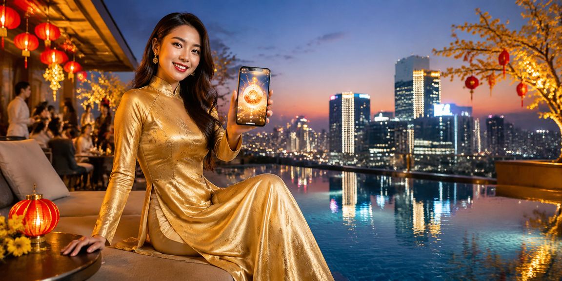 Phụ nữ Hà Nội mặc áo dài trải nghiệm xổ số và trò chơi may mắn online
