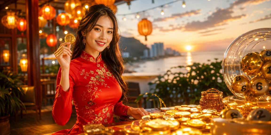Cô gái áo dài tại Hội An tham gia xổ số và trò chơi may mắn trực tuyến